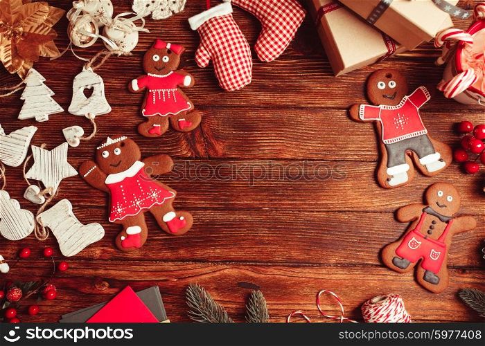 Preparation for Christmas on the wooden table, copy space