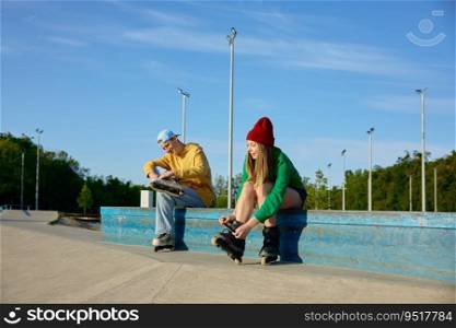 Preparation for training in park. Young people enjoying skating wearing rollers on feet while sitting on bench. Young people enjoying skating wearing rollers on feet