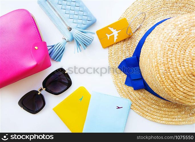Preparation for vacation - hat, glasses, passport, cosmetic bag, purse Close-up. Preparation for vacation - hat, glasses, passport, cosmetic bag, purse. Close-up