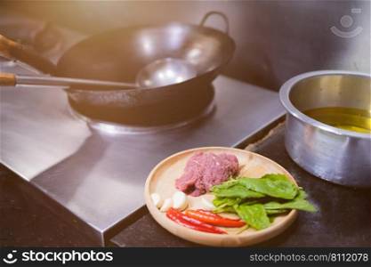 Preparation ingredients for cooking Thai food stir-fry minced beef with basil holy leaves