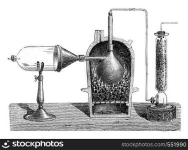 Preparation of aluminum chloride, vintage engraved illustration. Magasin Pittoresque 1869.