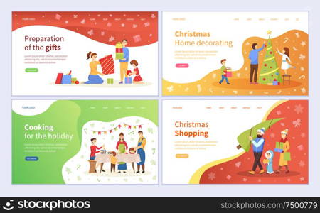 Preparation of Christmas gifts, decoration of evergreen tree pine vector. Xmas holiday, family cooking traditional dinner and buying products gifts. Preparation of Christmas Gifts, Decoration of Tree