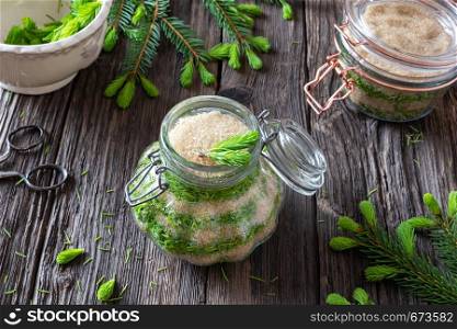 Preparation of homemade syrup against cough from young spruce tips