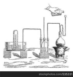 Preparation of hydrogen sulfide, vintage engraved illustration. Magasin Pittoresque 1857.