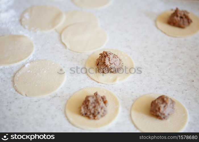 Preparation of meat dumplings, ravioli, dumplings with liver