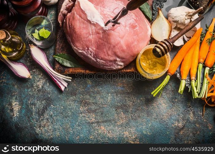 Preparation of pork ham meat with Honey Mustard Glaze and ingredients on dark rustic background, top view, border