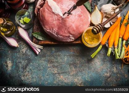 Preparation of pork ham meat with Honey Mustard Glaze and ingredients on dark rustic background, top view, border