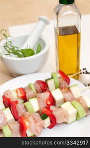 Preparation of shish kebab - Skewer With Chicken Meat, Peppar, Zucchini and Leek