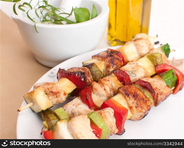 Preparation of shish kebab - Skewer With Chicken Meat, Peppar, Zucchini and Leek