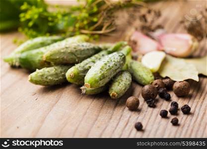 Preparation of small cucumber preserving on wooden table
