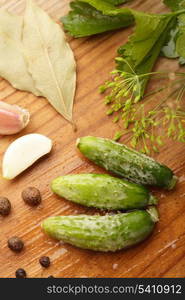 Preparation of small cucumber preserving on wooden table