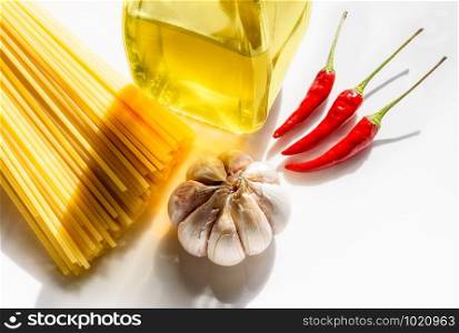 "Preparation of spaghetti "aglio, olio e peperoncino" (garlic, oil and chili)"