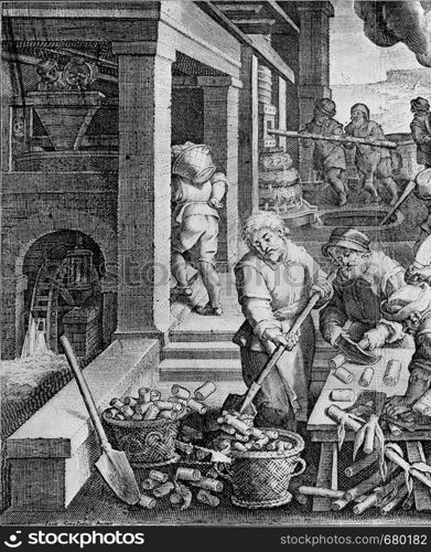 Preparation of sugar in the 18th century, vintage engraved illustration. From the Universe and Humanity, 1910.