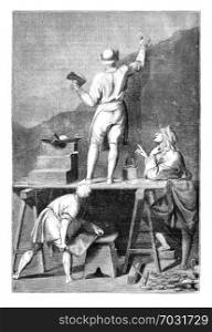 Preparation of the coating to paint a mural. - Drawing of L. -Chevignard, for after Andrea Pozzo, vintage engraved illustration. Magasin Pittoresque 1875.