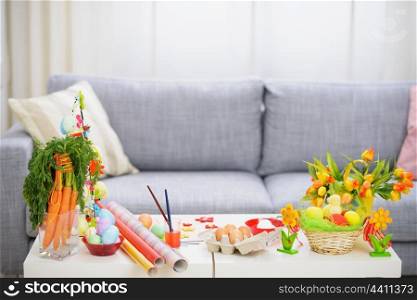 Preparations for Easter. Table with decoration stuff