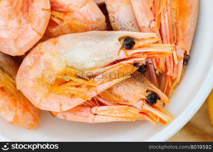 Prepared boiled shrimps macro, extreme close up