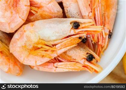 Prepared boiled shrimps macro, extreme close up