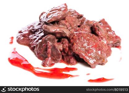 Prepared chicken liver in raspberry sauce, on white background