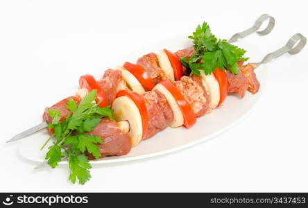 prepared food for barbecue (shish kebab) - seasoned meat with vegetables on skewers