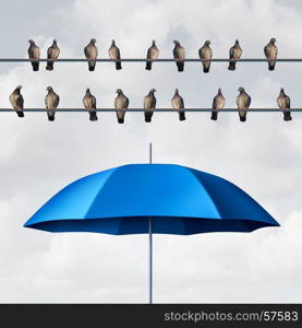 Prepared for the inevitable and ready for anticipated trouble as a group of birds on wires with an open umbrella anticipating and planning for eventual certainty with 3D illustration elements.