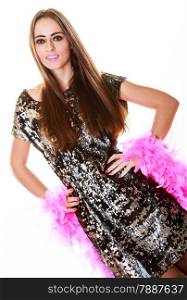 Preparing for night out, event or celebration. Elegant woman in evening sequin dress on white background. Studio shot.