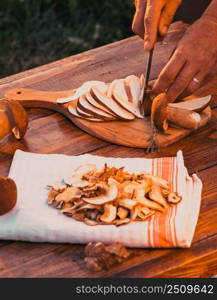 preparing fresh boletus edulis for drying over Wooden Background. Autumn Cep Mushrooms. Cooking delicious organic mushroom. Gourmet food