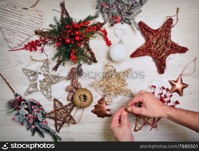 Preparing the Christmas decorations at home.