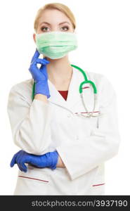 Preparing to surgery, protective equipment concept. Young woman doctor in face surgical mask and medical gloves isolated