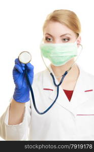 Preparing to surgery, protective equipment concept. Young woman doctor in face surgical mask and medical gloves isolated