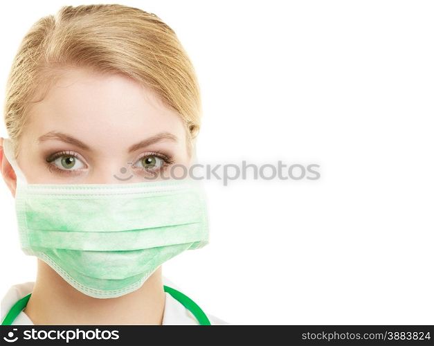 Preparing to surgery, protective equipment concept. Young woman doctor in face surgical mask