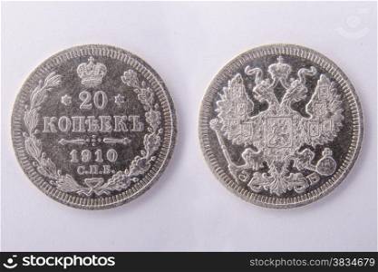Prerevolutionary Russian coin of 20 cents in 1910, Emperor Nicholas II