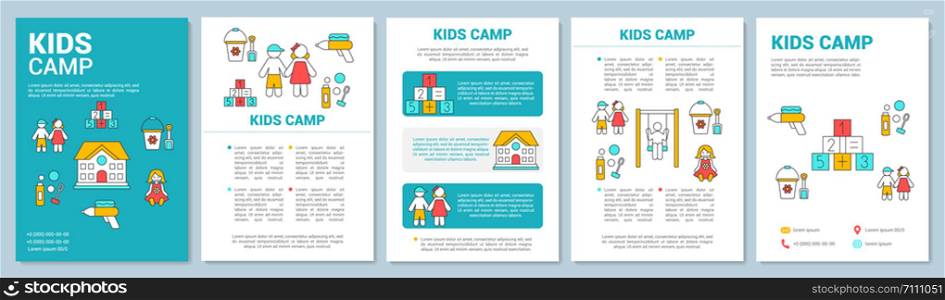 Preschool, educational kids camp brochure template layout. Flyer, booklet, leaflet print design with linear illustrations. Vector page layouts for magazines, annual reports, advertising posters