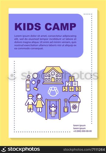 Preschooler children summer camp brochure template layout. Flyer, booklet, leaflet print design with linear illustrations. Vector page layouts for magazines, annual reports, advertising posters