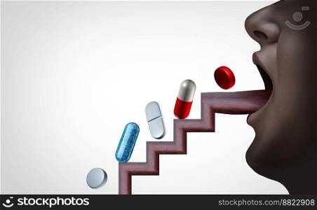 Prescription drug abuse and Opioids or  Fentanyl addiction as Opioids and the opioid crisis and substance abuse concept as over-prescribed medication as pills going up a tongue shaped as stairs with 3D illustration elements.