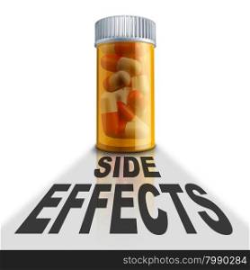 Prescription medication side effects and medicine adverse reaction to medical drugs concept as a pill bottle with a cast shadow with the words representing health care problems related to drug therapy.