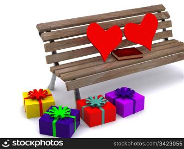 present boxes and hearts on bench. 3D