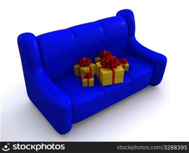 present boxes on sofa. 3d