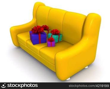 present boxes on sofa. 3d