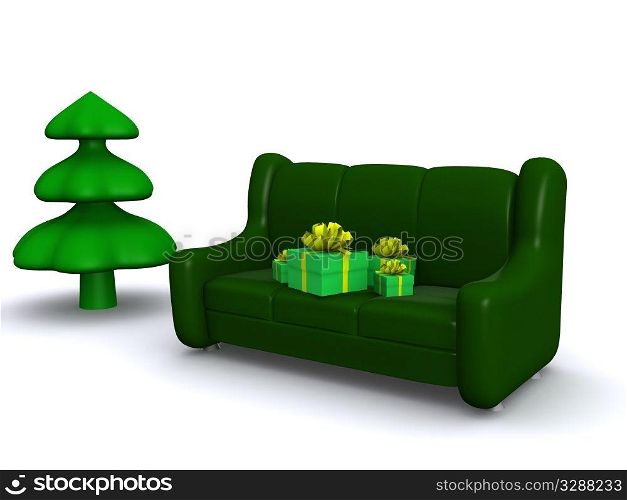 present boxes on sofa and pinetree. 3d