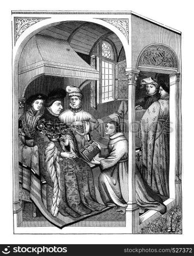 Presentation of a book to the Duke of Burgundy John the Fearless, On after a manuscript of the Royal Library executed in 1409, vintage engraved illustration. Magasin Pittoresque 1847.