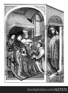 Presentation of a book to the Duke of Burgundy John the Fearless, On after a manuscript of the Royal Library executed in 1409, vintage engraved illustration. Magasin Pittoresque 1847.