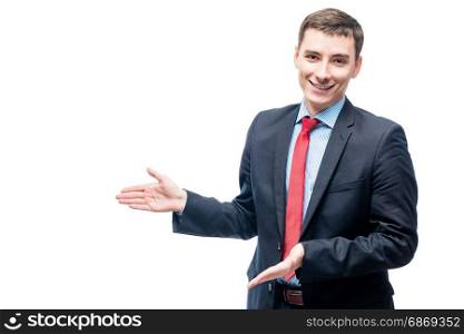 Presentation of the best product, conceptual portrait of a businessman on a white background