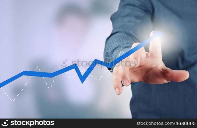 Presenting growth strategy. Close up of businessman touching increasing graph on media screen