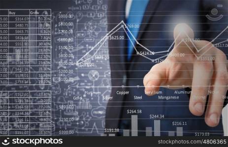 Presenting growth strategy. Close up of businessman touching increasing graph on media screen