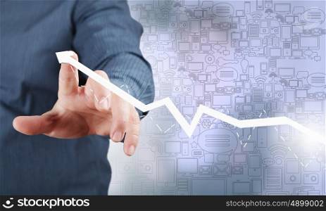 Presenting growth strategy. Close up of businessman touching increasing graph on media screen
