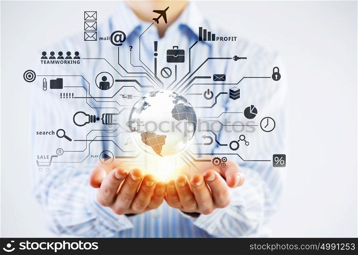 Presenting his business plan. Businessman hands demostrating business strategy sketch in palms