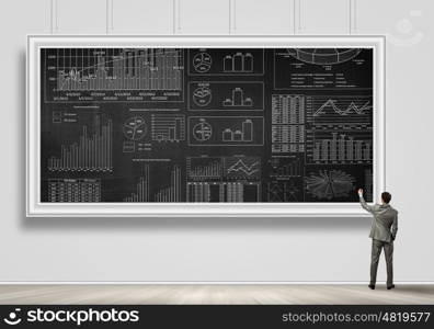 Presenting ideas. Rear view of businessman drawing business plan on banner