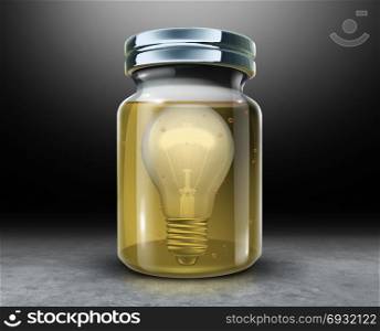 Preserve creativity concept and preserving intellectual property symbol as a light bulb inside a jar with preservative formaldehyde as a 3D illustration.