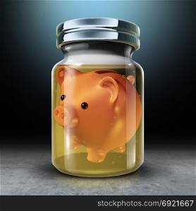 Preserve money and financial savings and long term budget economic planning concept as a piggy bank inside a jar full of formaldehyde liquid as a 3D render.