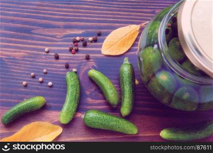 Preserved of Cucumbers: a Still Life of Dried Colorful Pepper (Black, Red, and Green), Green Cucumbers and Jars with Vinegar on the Lilac Wooden Table
